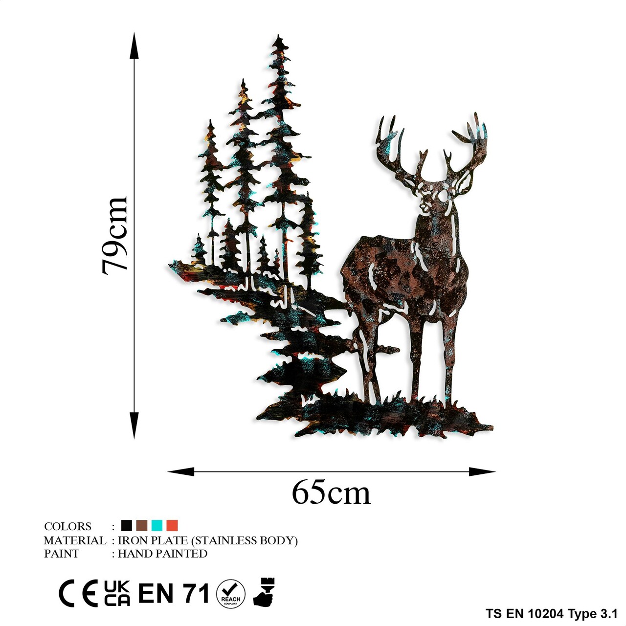 Decoratiune de perete, Deer, Metal, Dimensiune: 65 x 79 cm, Multicolor