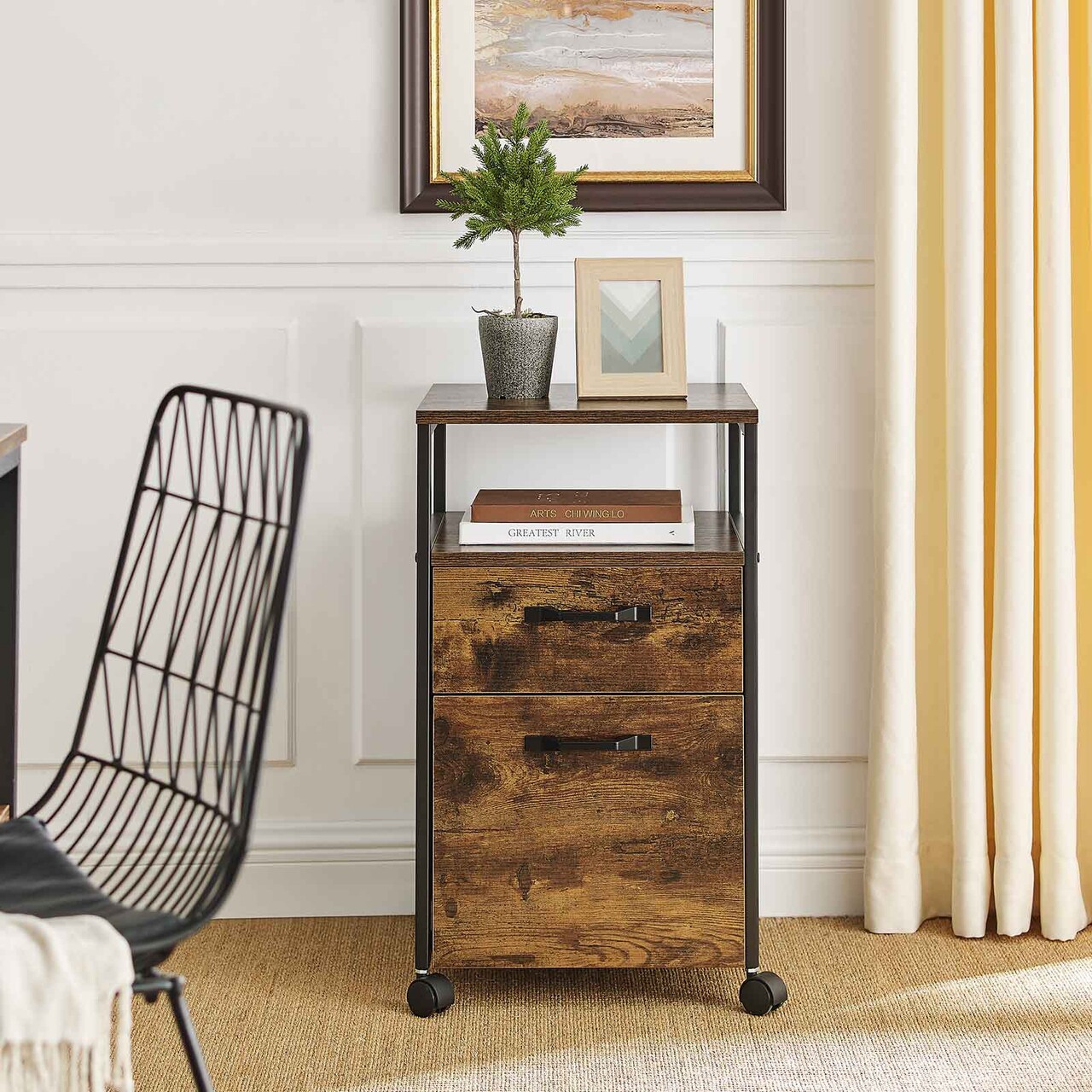 Dulap de birou pentru dosare, Vasagle, cu compartiment A4 si letter, 41x45x66 cm, MDF/PAL/otel, maro rustic