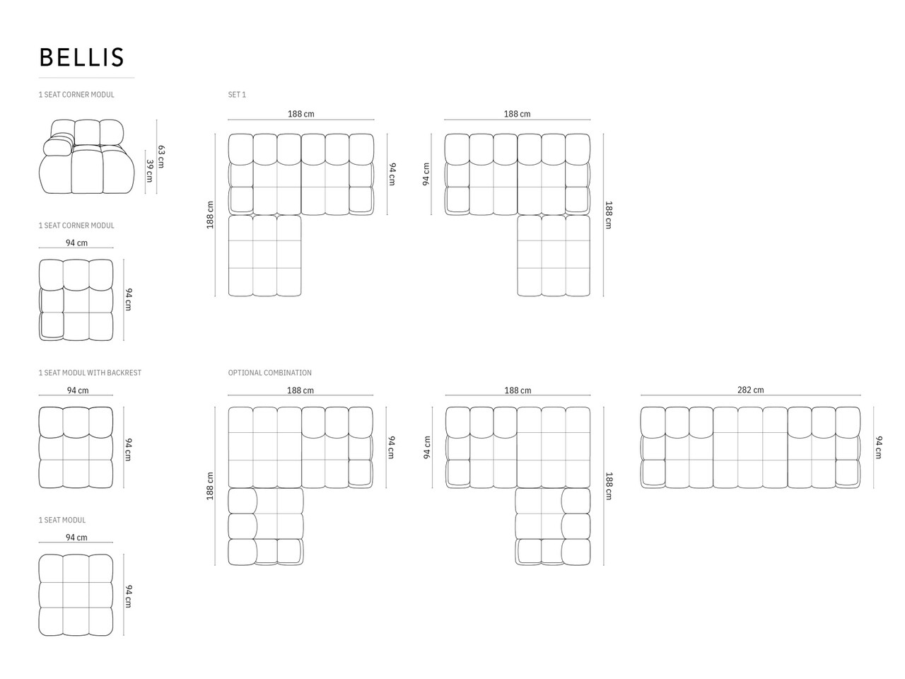 Canapea modulara 3 locuri, Bellis, Micadoni Home, BL, 188x188x63 cm, catifea, negru