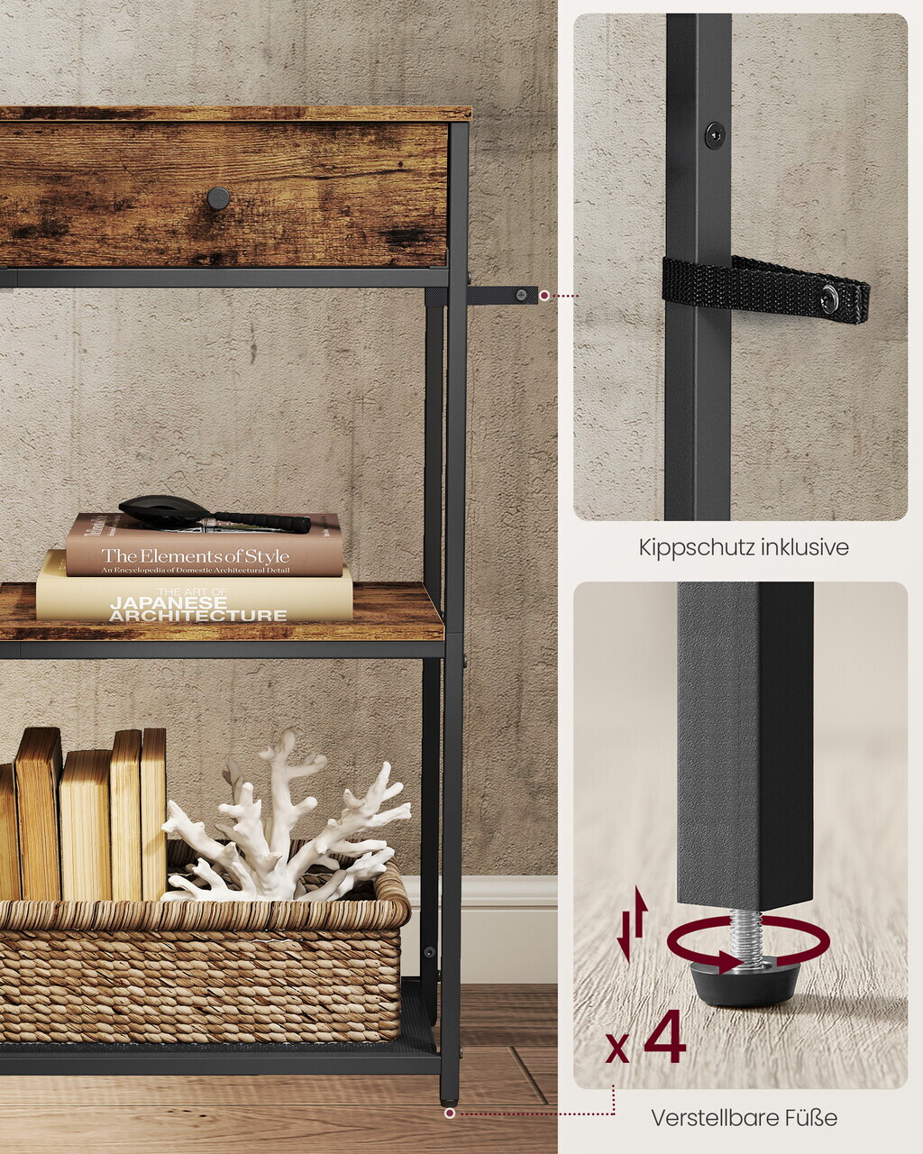 Consola cu sertare textile si rafturi, 76x24x80 cm, tesatura Oxford/PAL/otel, maro rustic/negru - view 6