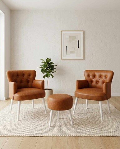 Set fotoliu cu aripioare și puf (3 piese), Atelier del Sofa, 281ELR1200, Bej