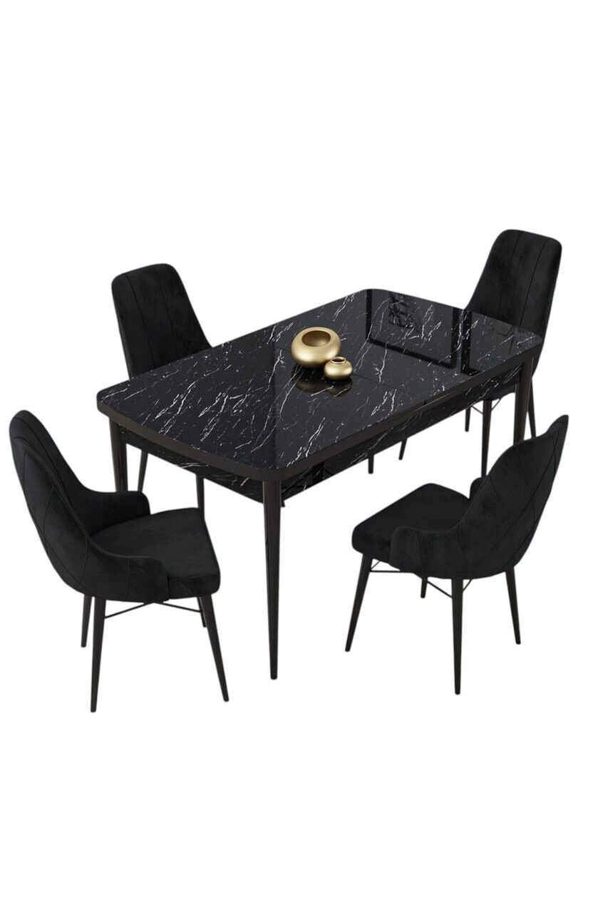 Set masa extensibila si scaune (5 piese), Hanah Home, Lia, Model de marmură neagră / Negru — imaginea 2