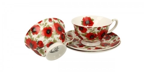 Set 2 cesti cu farfurie Lina, Duo, 200 ml, portelan, alb/rosu