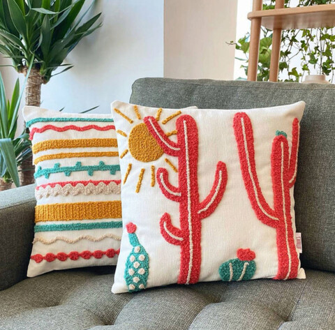 Set 2 perne decorative, desert love, material: 20% in, 80% poliester, coral închis / verde / muștar / galben