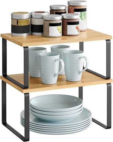 Set 2 suporturi pentru condimente Songmics Spice, 29.7 x 19.5 x 15.5 cm, bambus/otel, natural/negru
