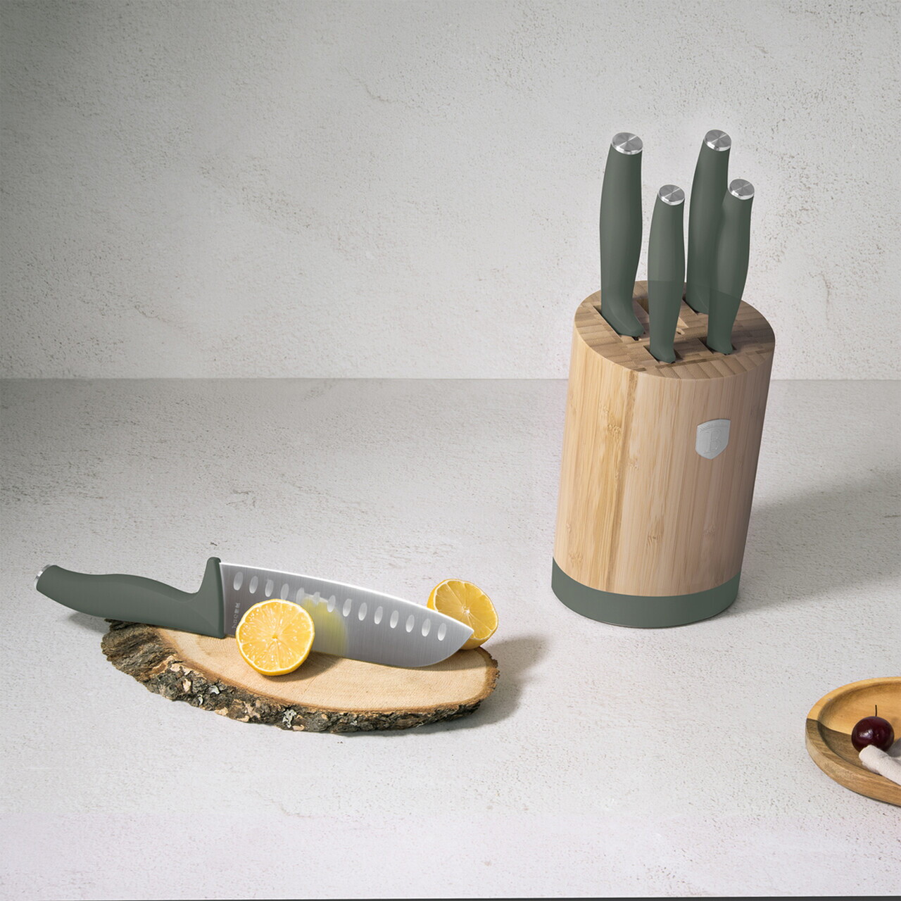 Set 5 cutite cu suport rotund Berlinger Haus, Matte Green, inox/bambus, verde mat/natur - imagine 9