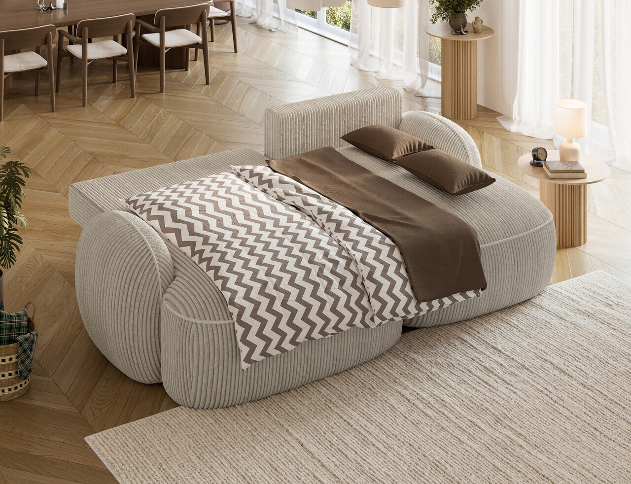 Coltar extensibil dreapta 3 locuri ELTAP, Tesalia, 240x150x93 cm, lemn/catifea din poliester, bej deschis — imaginea 6