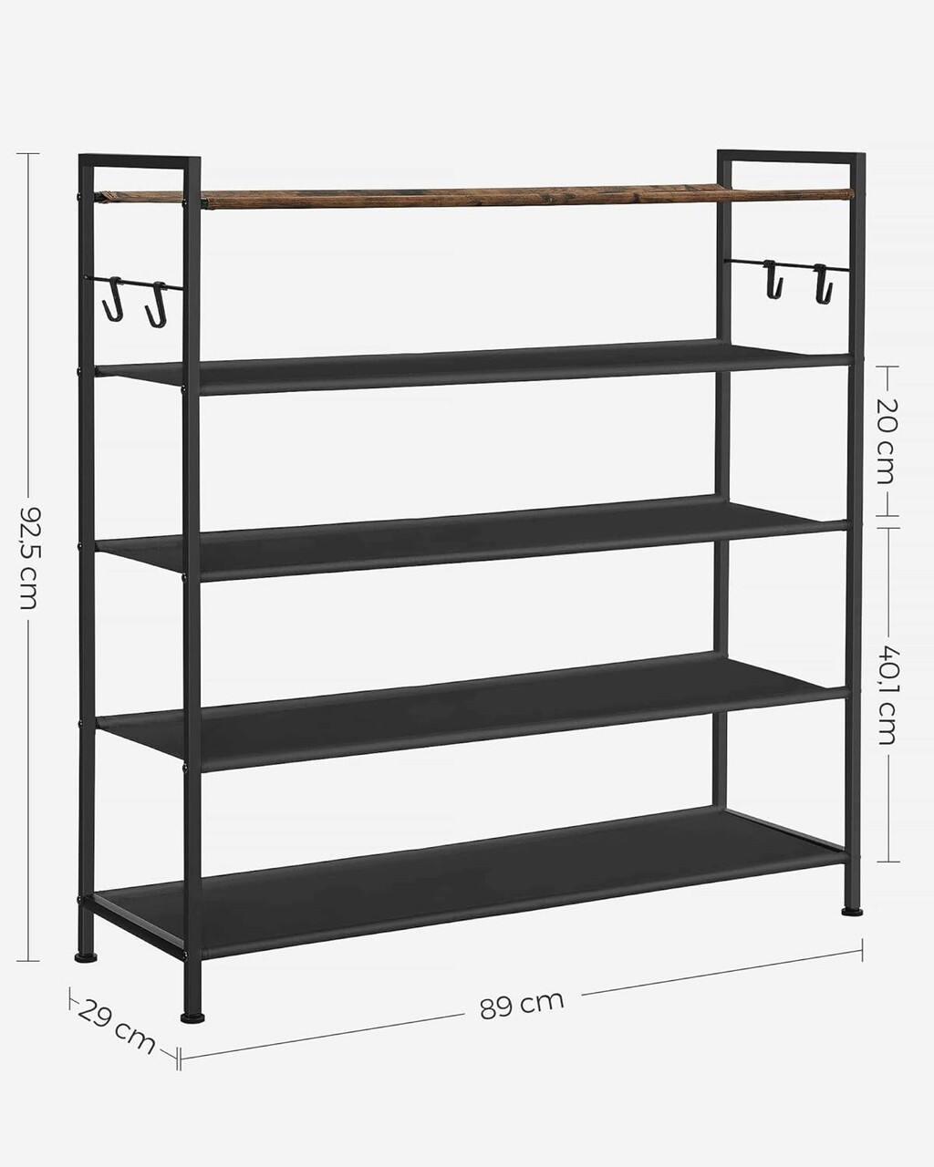 Pantofar cu 5 rafturi Vasagle, 90 x 29 x 92.5 cm, 20-25 perechi pantofi, tesatura Oxford/otel, negru