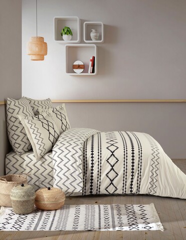 Lenjerie de pat dubla King, 3 piese, 220×240 cm, 100% bumbac ranforce, Turkiz, Etnick, crem mezoni.ro