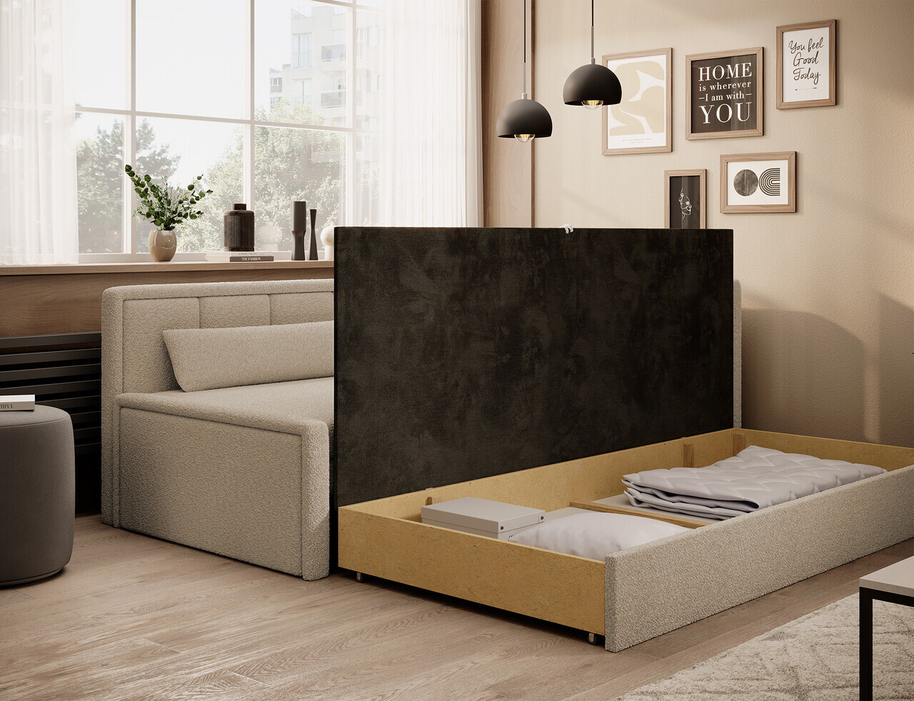 Canapea extensibila brat dreapta 3 locuri ELTAP, Fulgeo, 214x82x77 cm, lemn/catifea din poliester, bej - view 6