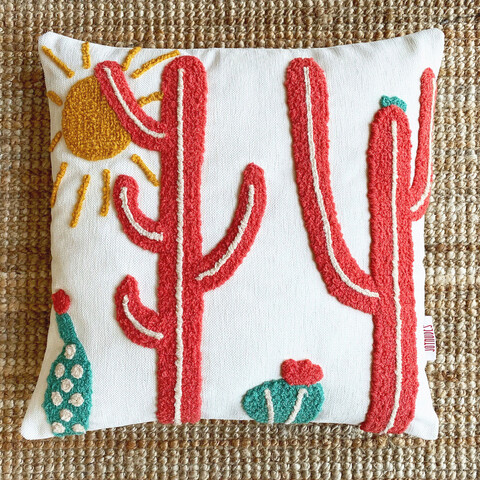 Perna, sahra, 43x43 cm, material: 20% in, 80% poliester, coral închis / verde / muștar / galben