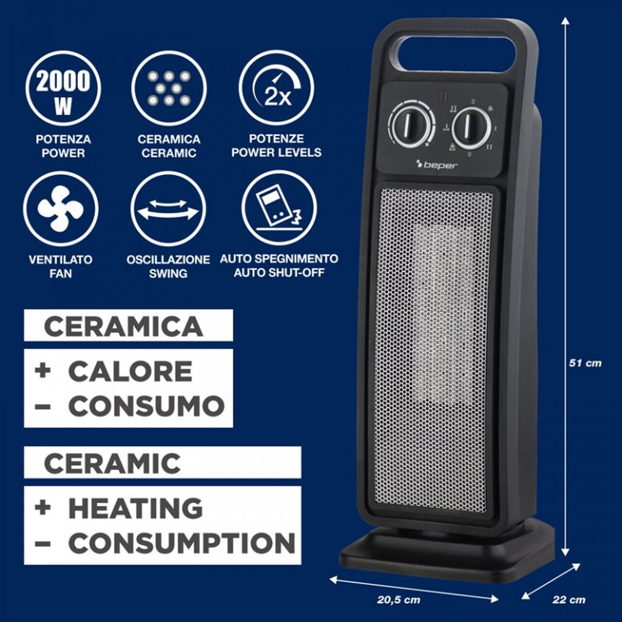 Aeroterma ceramica Beper, 21x19.5x53.5 cm, 2000W, ABS/metal, negru — imaginea 6