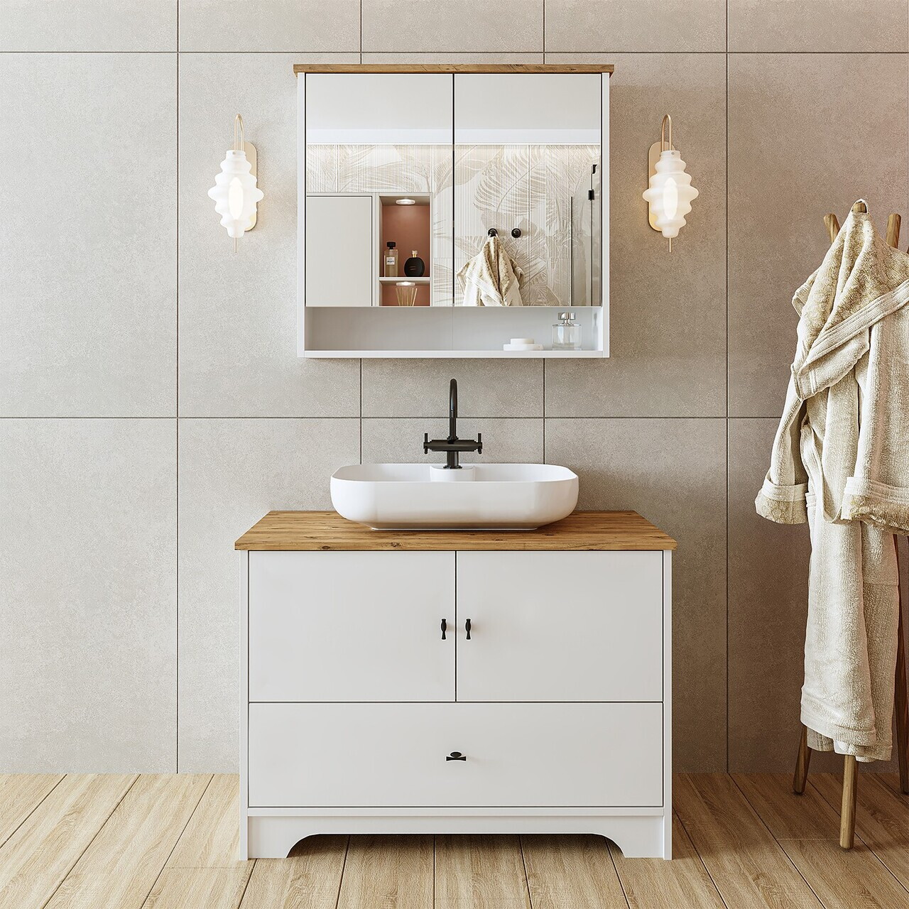 Set Dulap de Baie cu Chiuvetă și Oglindă (2 Piese), Hanah Home, 2396, MDF-LAM, Alb mat — imaginea 2