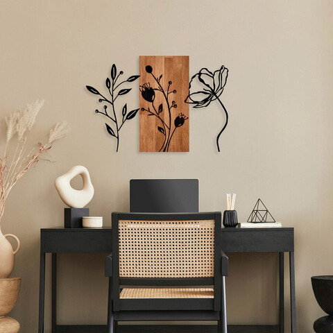 Decoratiune de perete, triple flowers, lemn/metal, dimensiune: 86 x 58 cm, nuc / negru