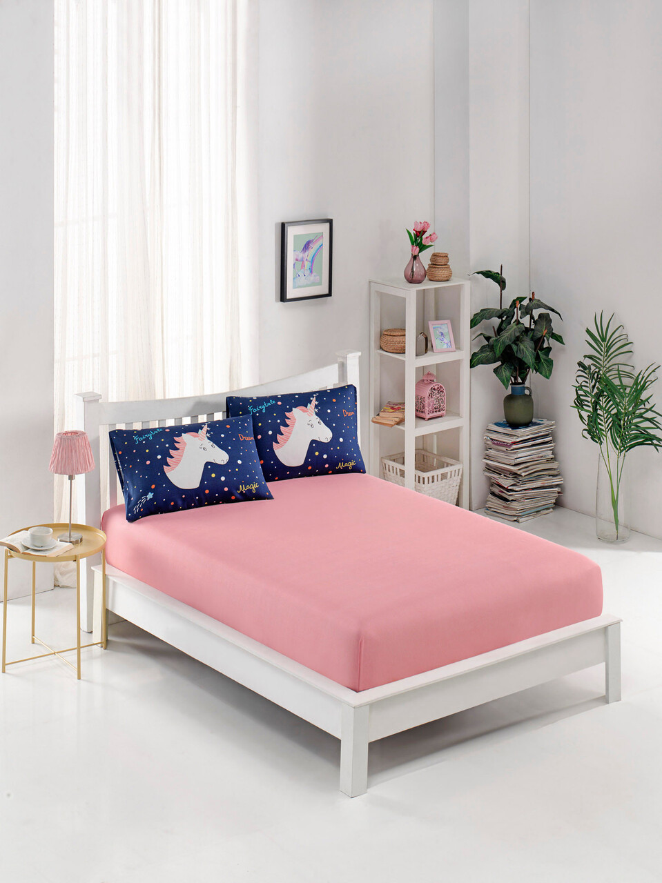 Set de pat pentru o persoana (cearceaf cu elastic si perna) 2 piese, Magic Unicorn, Eponj Home, 65% bumbac/35% poliester
