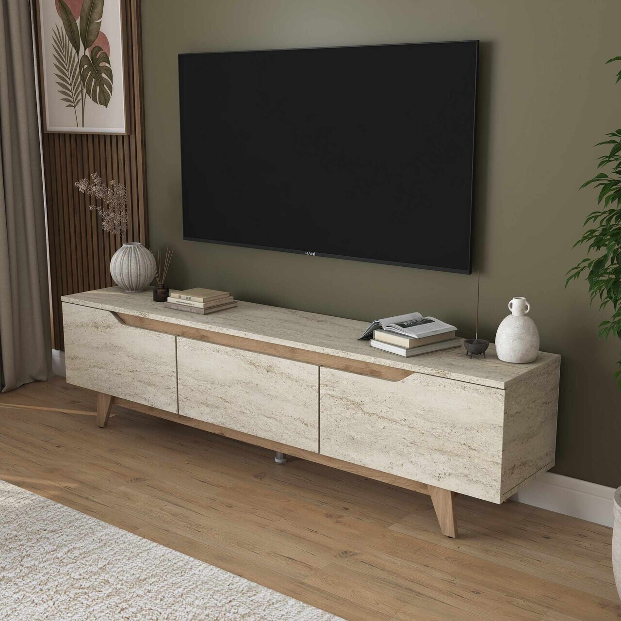 Comoda TV, Hanah Home, AA168, 180x48.3x35 cm, Travertin / Nuc — imaginea 3