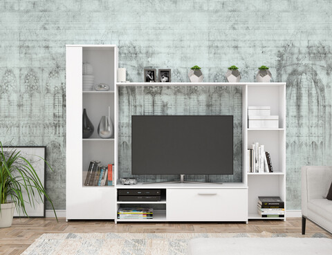 Set mobilier living 4 piese Raalte, Bedora, 220.4x41.3x177.5 cm, PAL/sticla/plastic, alb