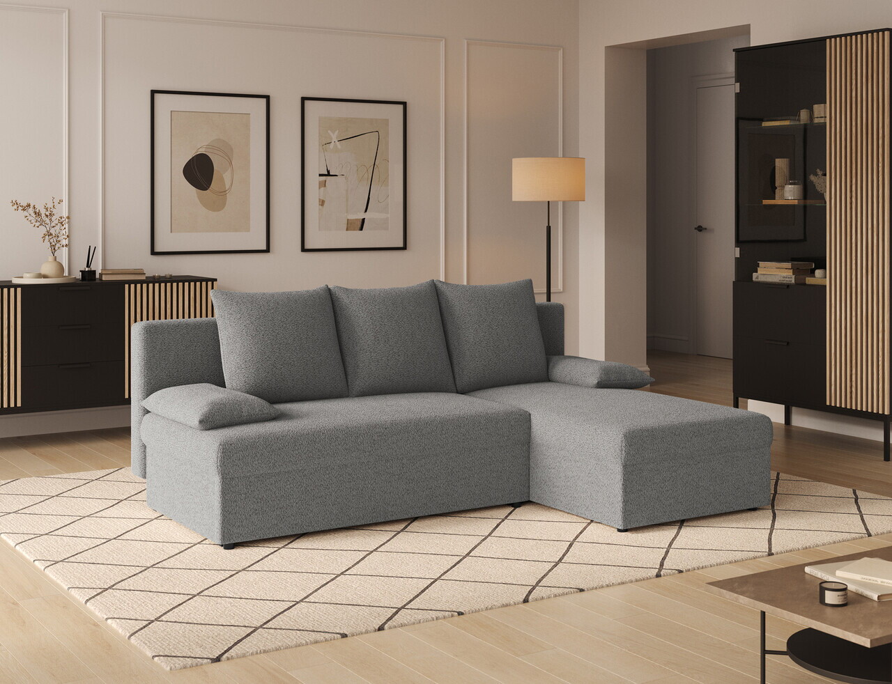 Coltar extensibil reversibil 3 locuri ELTAP Gino 201x143x90 cm lemn/poliester gri deschis