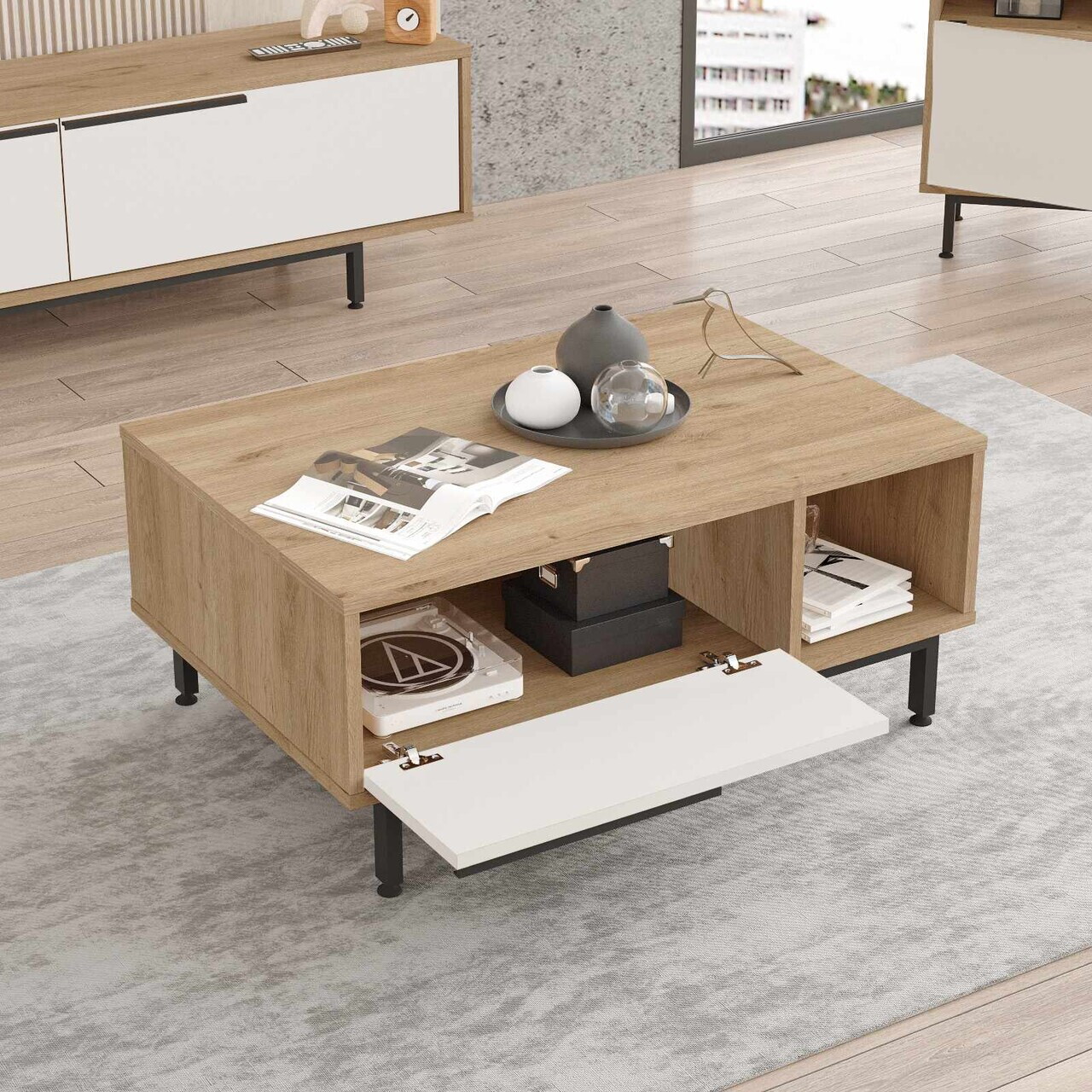 Masuta de cafea, Hanah Home, Boh2-Sw, 90x37.6x60 cm, PAL, Natural/Alb — imaginea 3