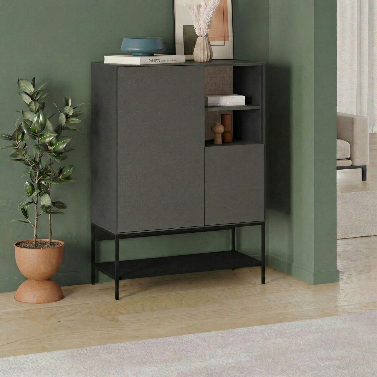 Bufet, Hanah Home, Amira, 90x125x40 cm, PAL, Antracit / Negru lemn / Negru