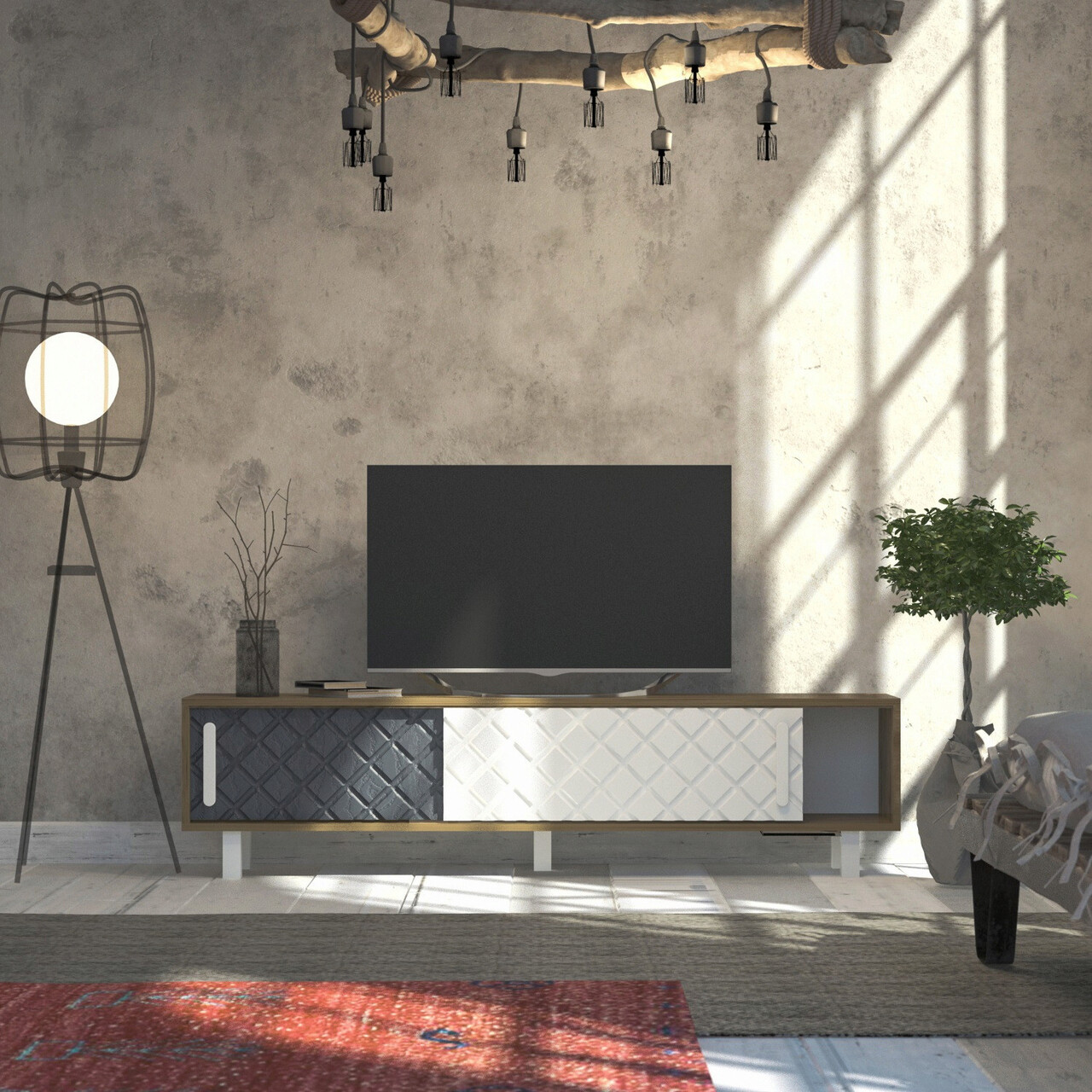 Comoda TV, Zena Home, Rob, PAL, Stejar / Alb / Antracit - 1 | YEO