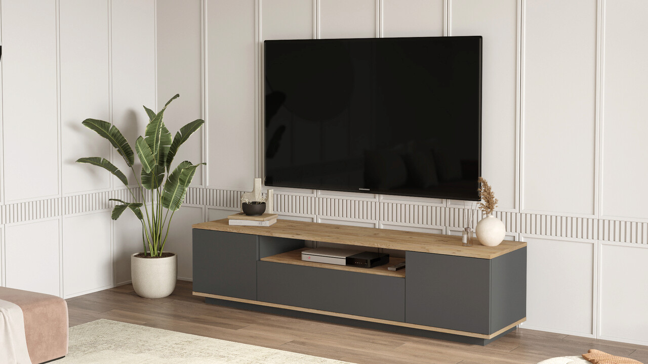 Comoda TV Yurudesign, 180x44.5x44.6 cm, PAL, antracit/natur