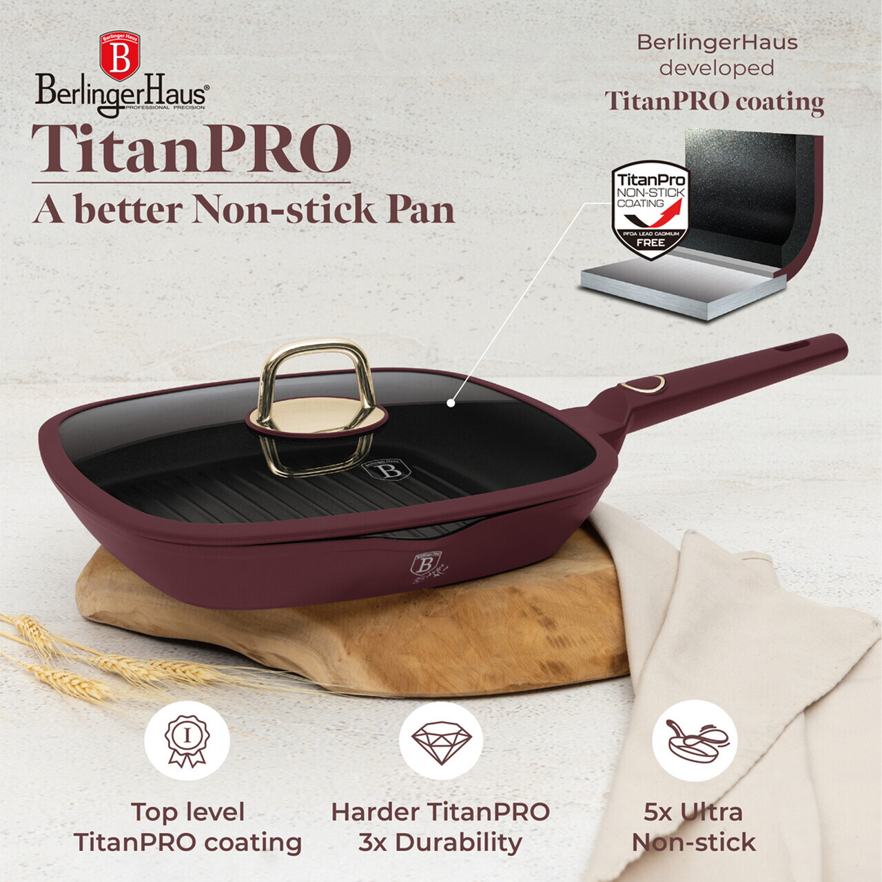 Tigaie grill cu capac Berlinger Haus, Leonardo, 28 cm, 2.1 L, aluminiu forjat, visiniu mat - imagine 8