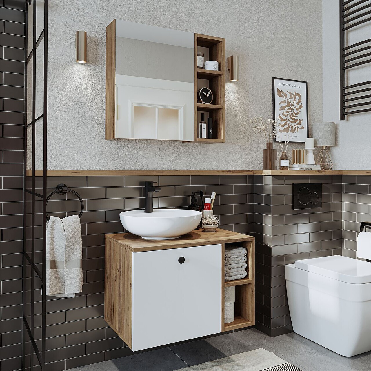 Set Dulap de Baie cu Chiuvetă și Oglindă (2 Piese), Hanah Home, 2476, MDF, Pin Atlantic / Alb — imaginea 2