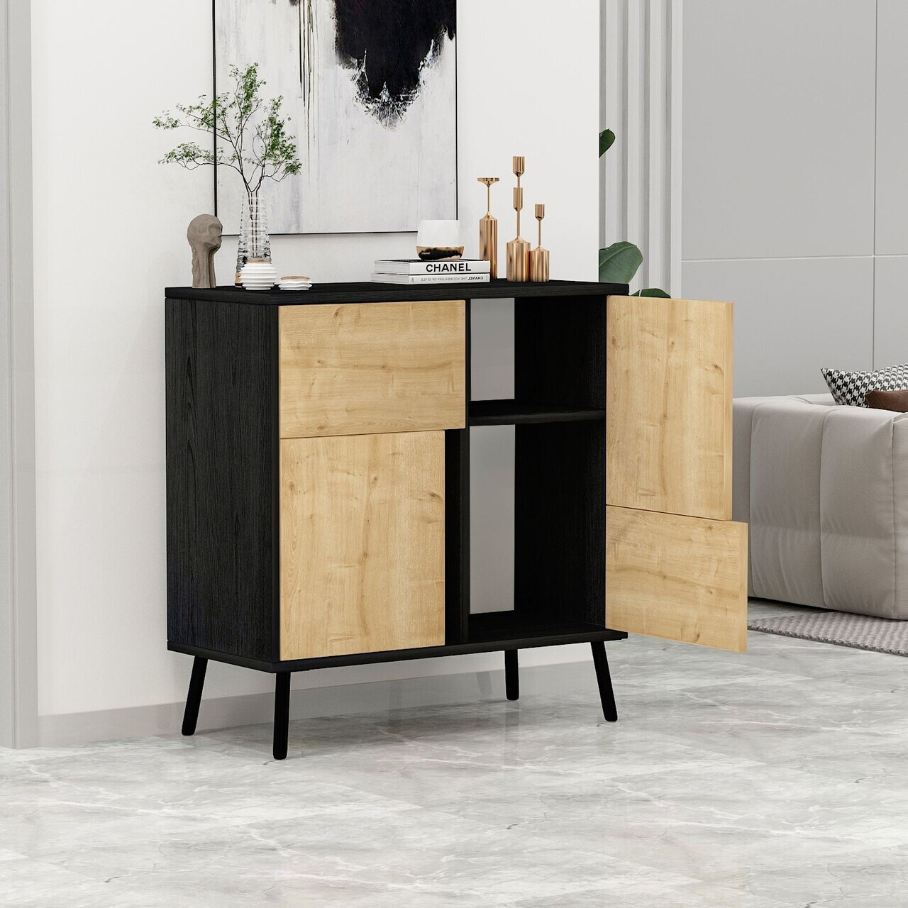 Dulap multifunctional, Hanah Home, Darien, 76.5x79.5x35 cm, PAL, Lemn negru / Stejar safir — imaginea 5