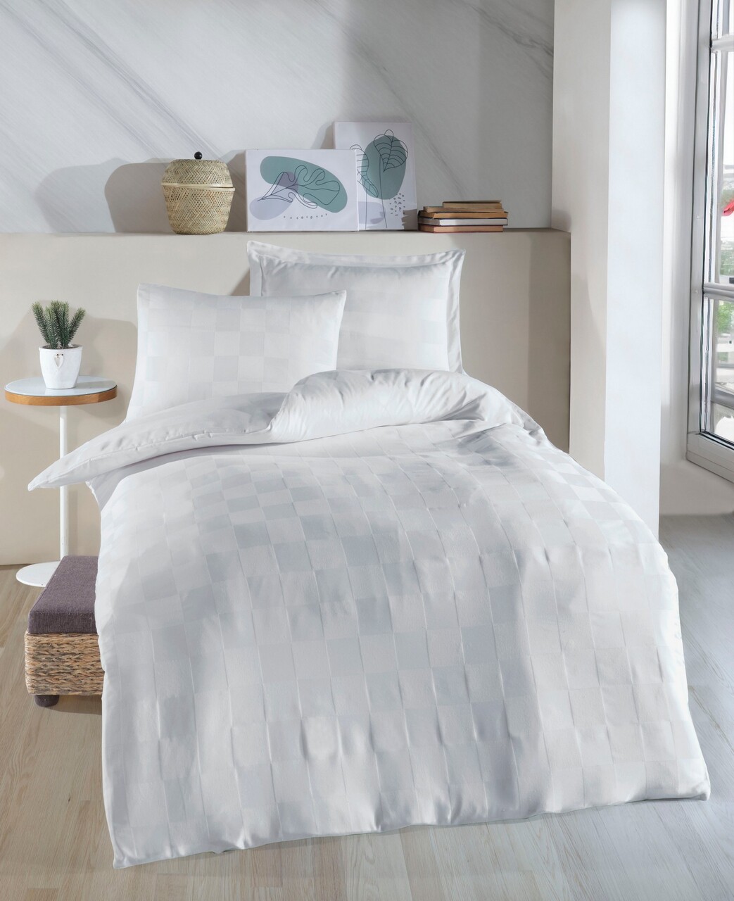 Lenjerie de pat pentru o persoana 2 piese, Kareli Saten - White, EnLora Home, 70% bumbac/30% poliester