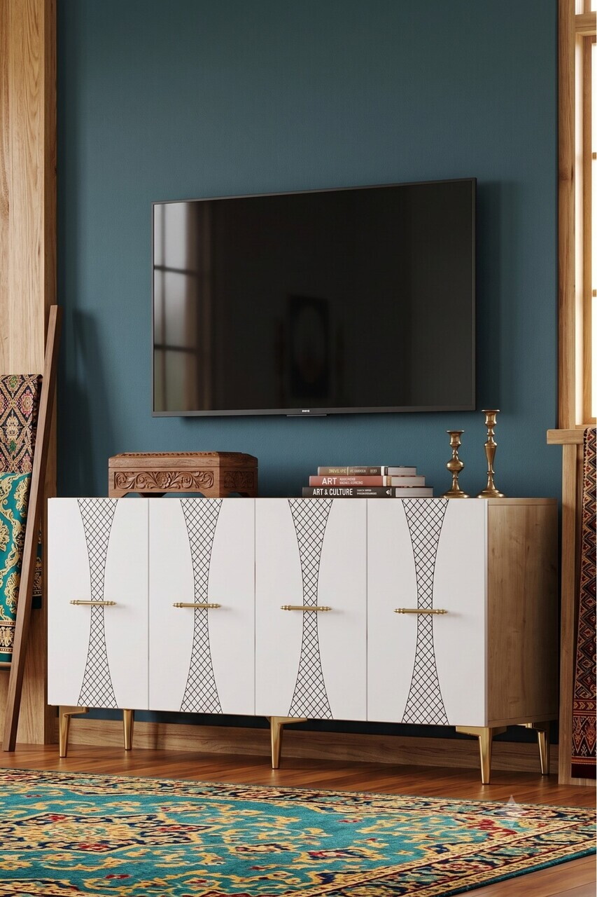 Consola, Hanah Home, Slim 150, 150x75x32 cm, Stejar Safir / Alb / Auriu — imaginea 3