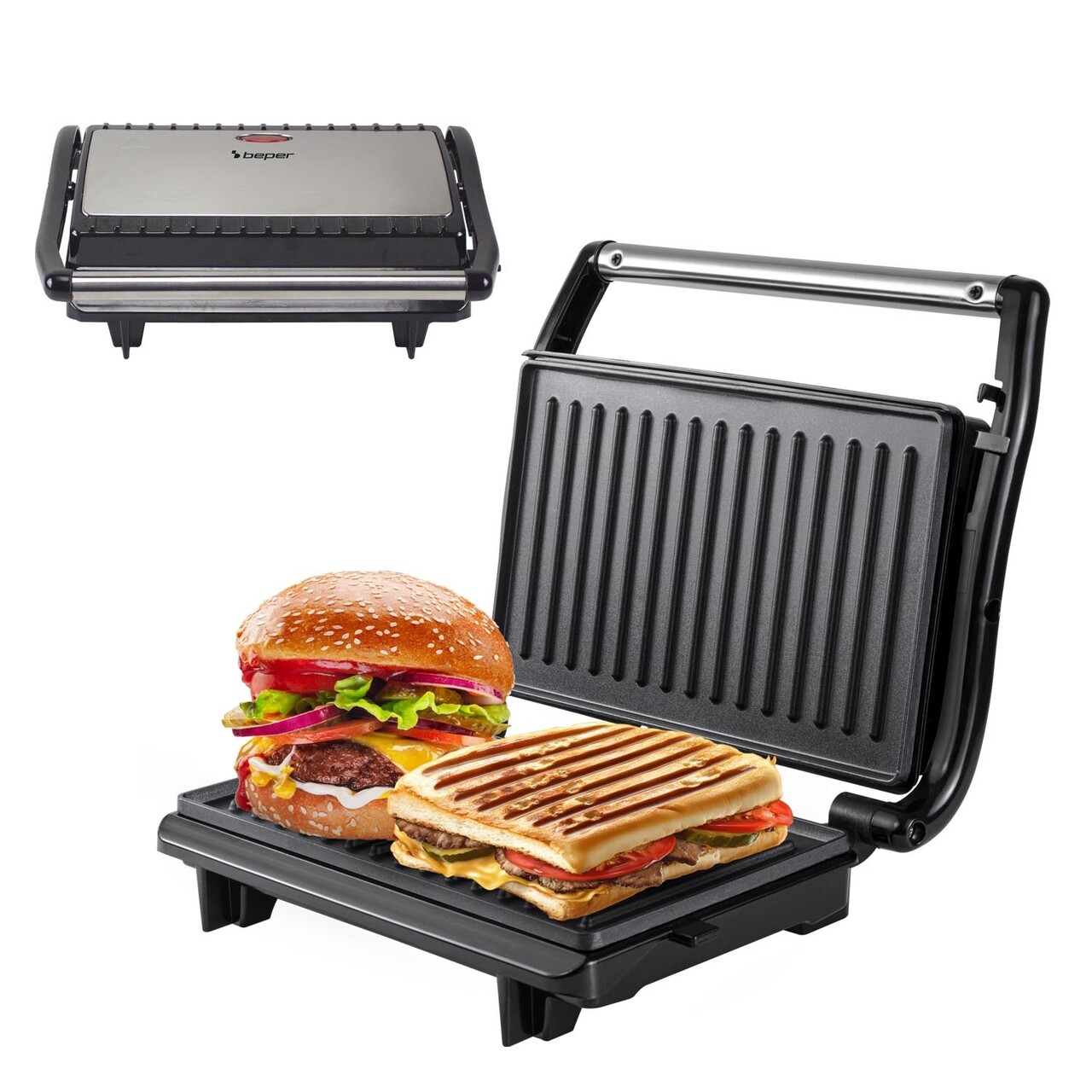 Grill electric reglabil Beper, 26.5x23x8.5 cm, 800 W, aluminiu/plastic/metal, negru/argintiu - view 2