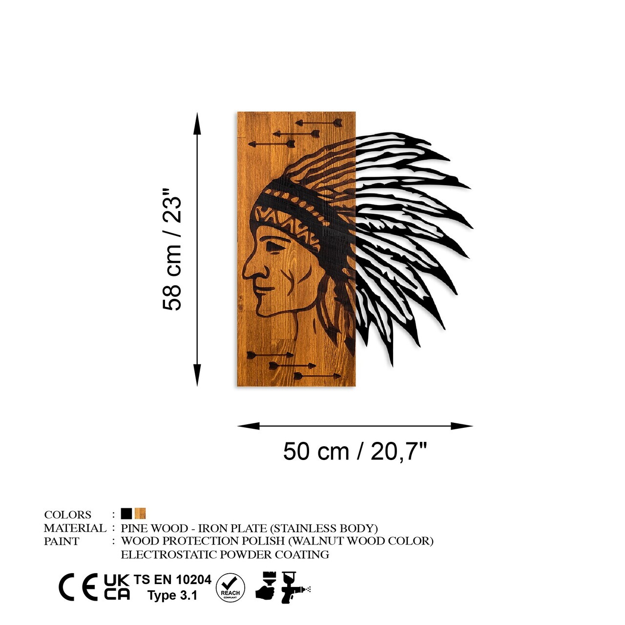 Decoratiune de perete, Apachi, Lățime: 50 cm Înălțime: 58 cm Adâncime: 3 cm, Nuc / Negru — imaginea 7