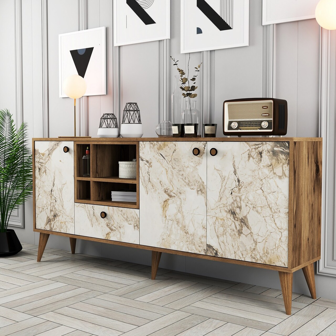 Consola, Hommy Craft, Napoli, 180x81x35 cm, PAL, Marmură albă/Nuc - 2 | YEO