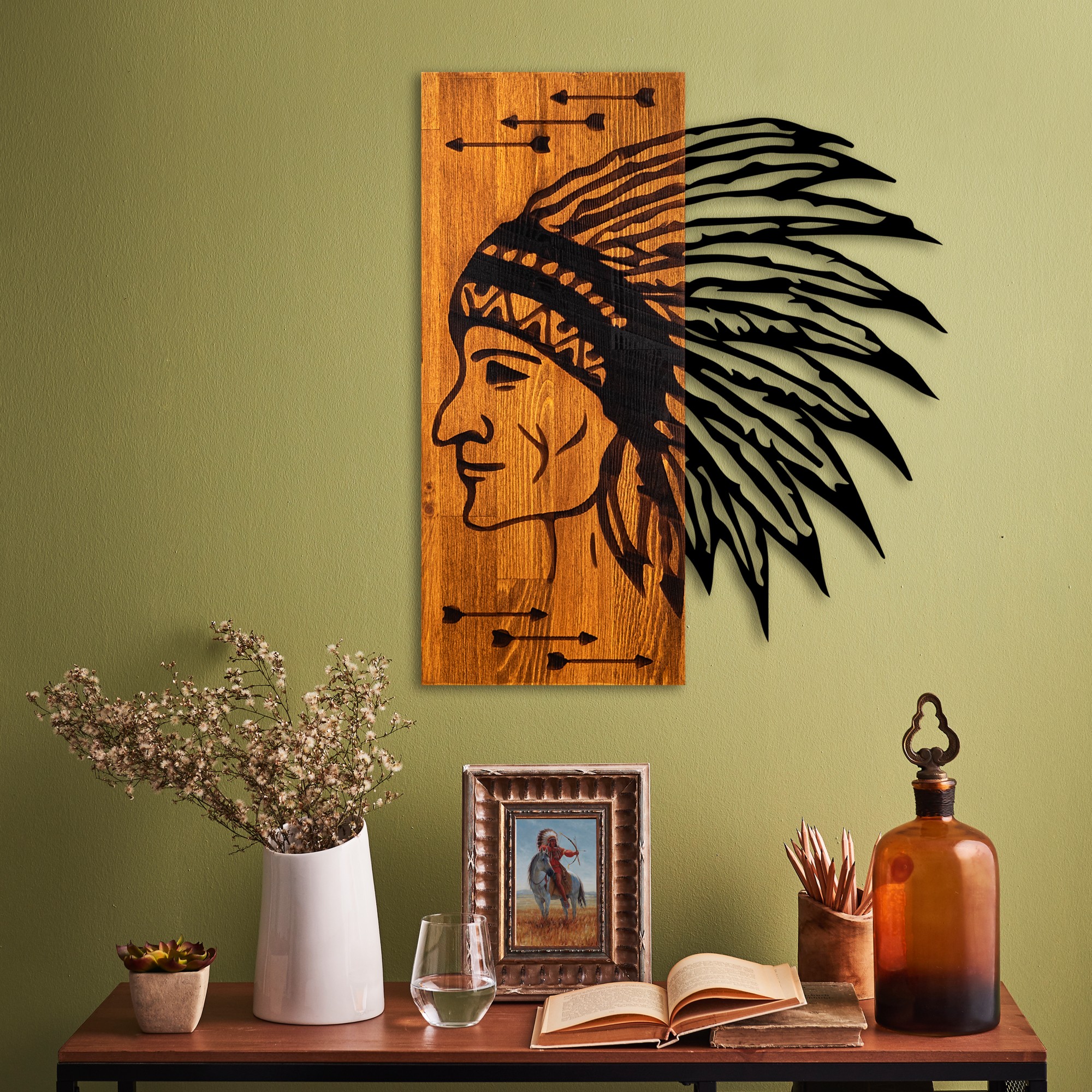 Decoratiune de perete, Apachi, Lățime: 50 cm Înălțime: 58 cm Adâncime: 3 cm, Nuc / Negru