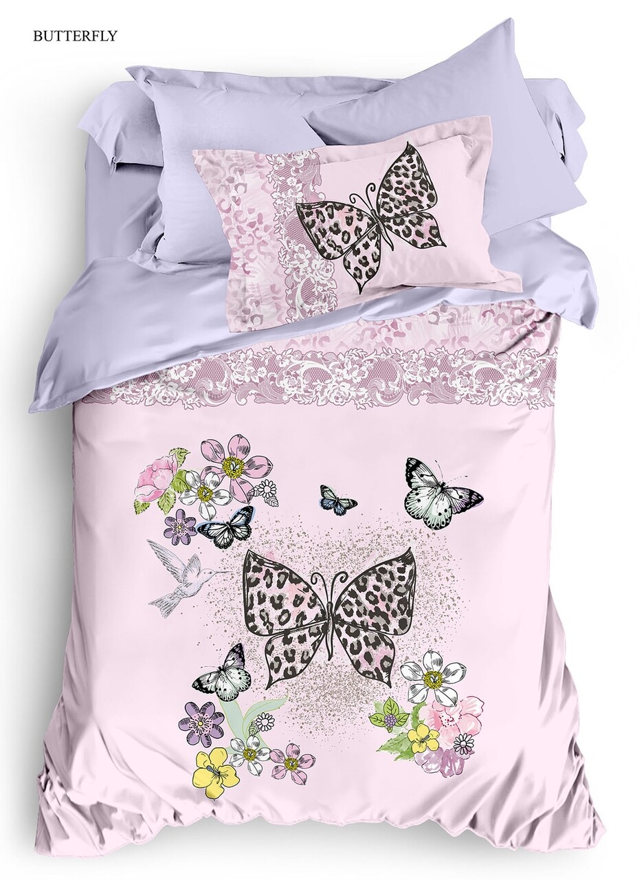 Lenjerie De Pat Pentru O Persoana, 3 Piese, The Club Cotton, Butterfly, Bumbac Ranforce, 145 TC, Multicolor