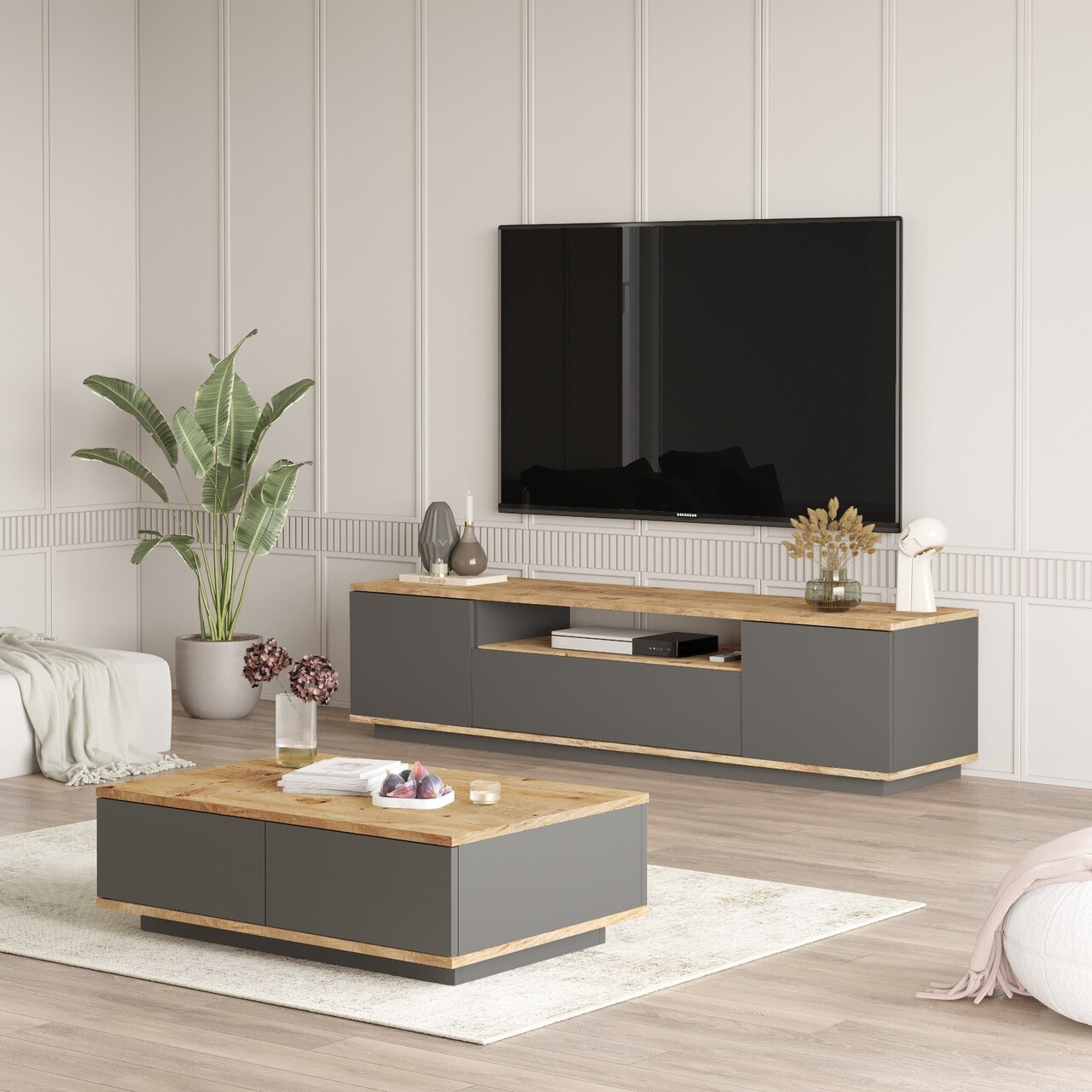 Set mobilier living, Hanah Home, FR17-AA, Pin Atlantic / Antracit - imagine 2