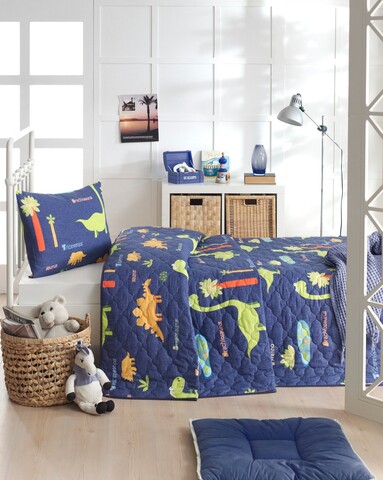 Set cuvertura Single 160x220 cm, 2 piese, Dinolar - Dark Blue, Eponj Home, 65% bumbac/35% poliester