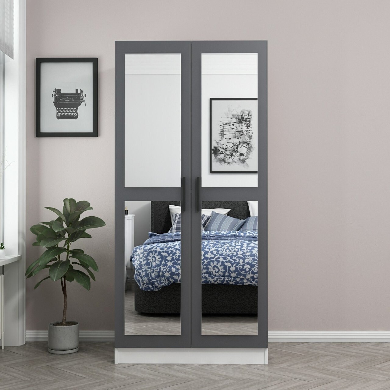 Dulap pentru haine, Minerva, Kale Mirror Anthracite White, 90x190x52 cm, PAL, Antracit/Alb - 1 | YEO