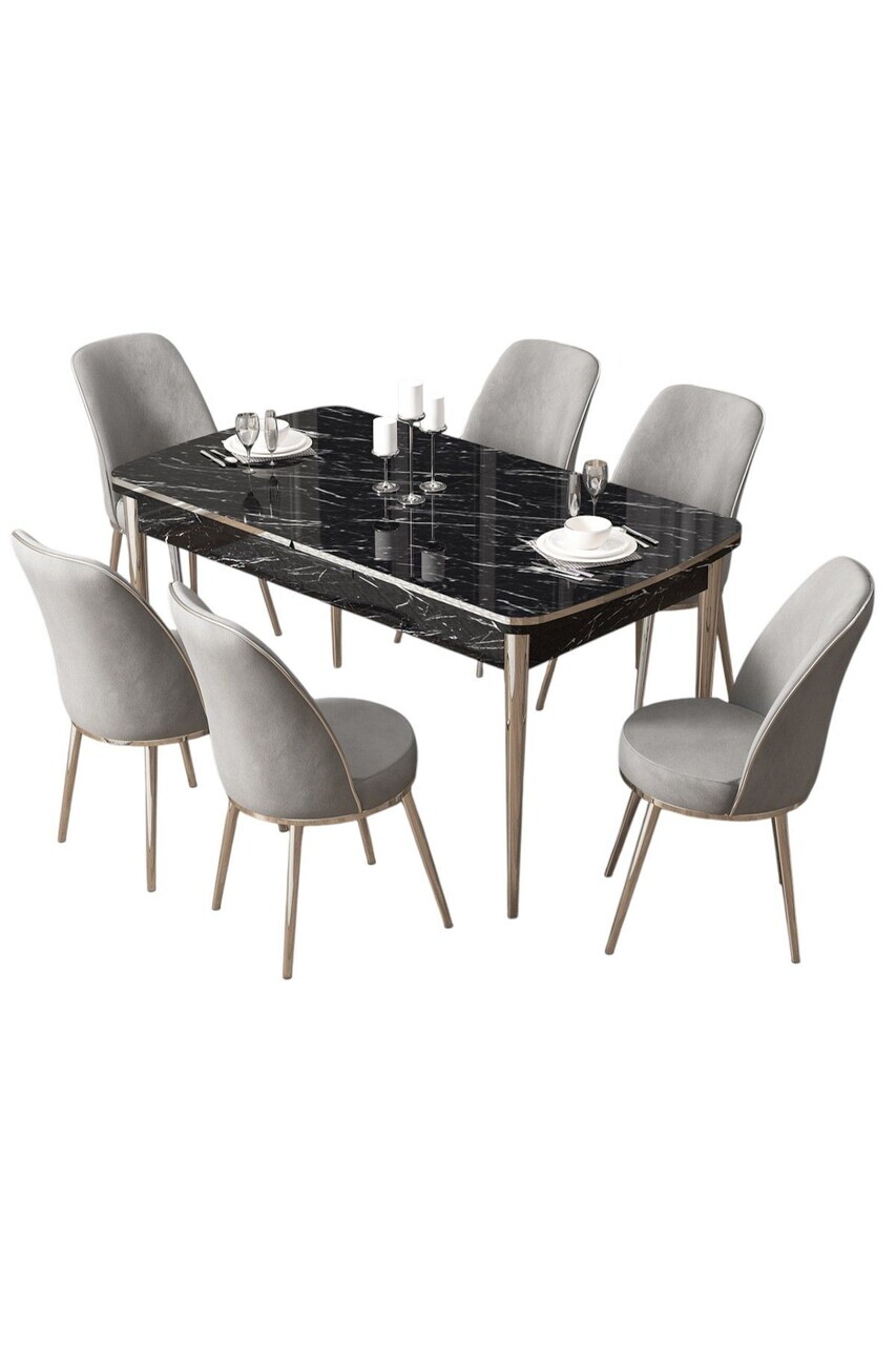 Set masa extensibila si scaune (7 piese), Hanah Home, Pale, Model de marmură neagră / Crom / Gri — imaginea 2