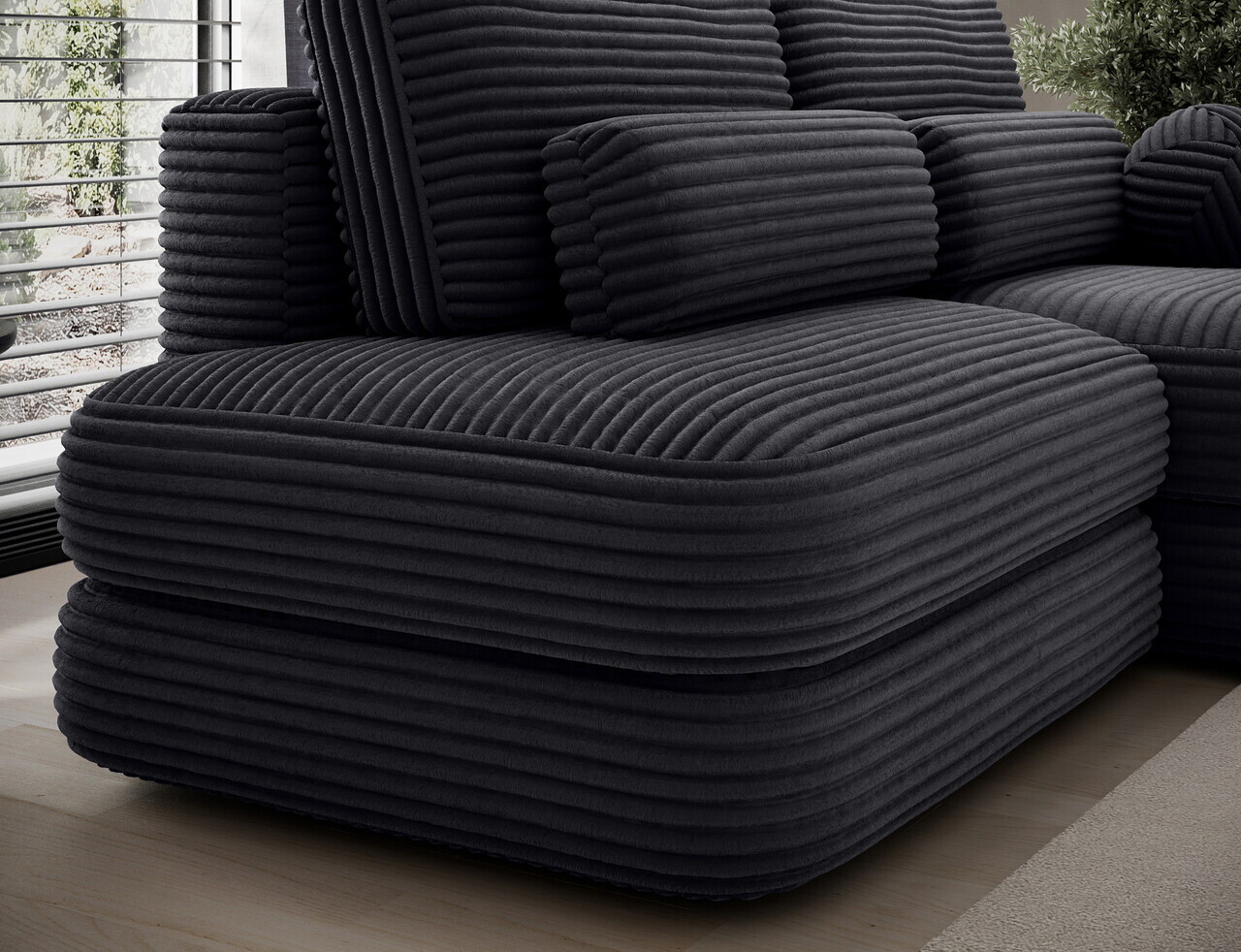 Coltar extensibil dreapta 3 locuri ELTAP, Ripeli, 217x175x96 cm, lemn/catifea din poliester, negru — imaginea 8