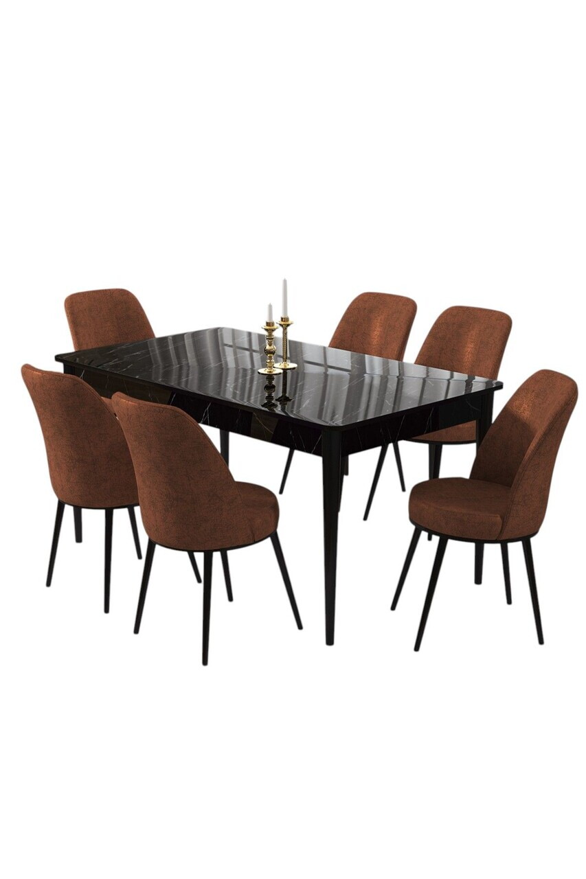 Set masa si scaune (7 piese), Hanah Home, Pir, Model de marmură neagră / Teracotă — imaginea 2