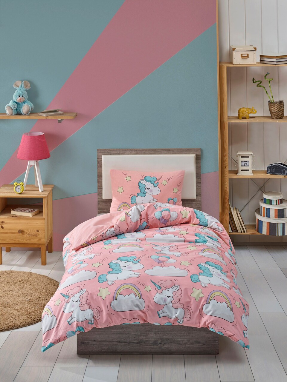 Lenjerie de pat pentru o persoana 2 piese, Unicornio - Pink, EnLora Home, 65% bumbac/35% poliester