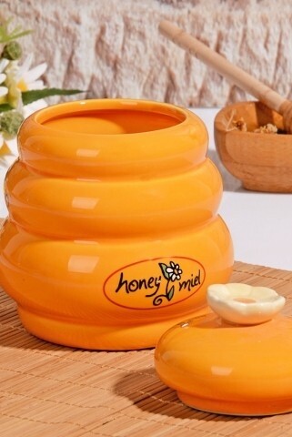 Borcan cu capac si lingura pentru miere, Kosova, Honey, Orange, ceramica, 14 cm