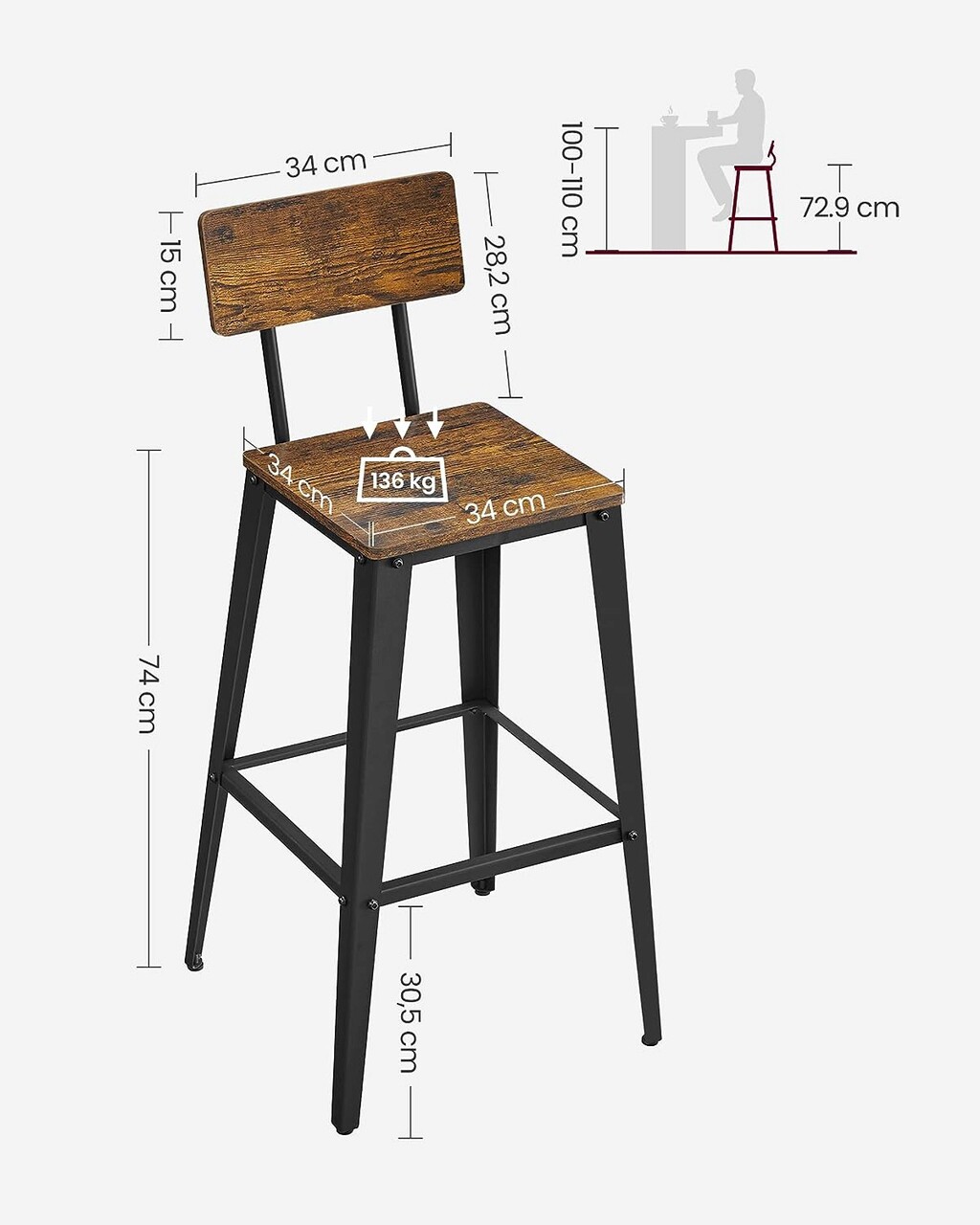 Set 2 scaune de bar, Vasagle, 45.4 x 45.4 x 102.2 cm, PAL/otel, maro/negru