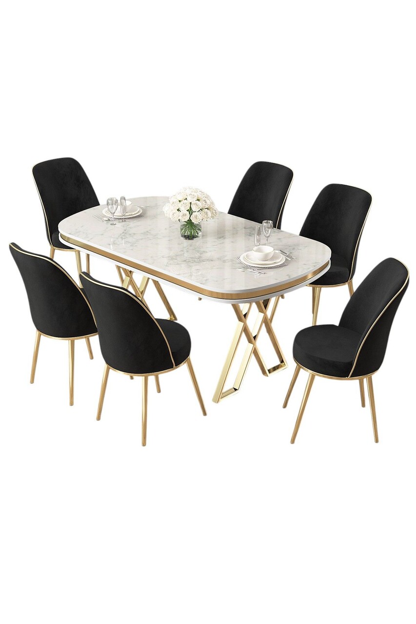 Set masă și scaune (7 piese), Hanah Home, Lai, Alb / Auriu / Negru - imagine 2