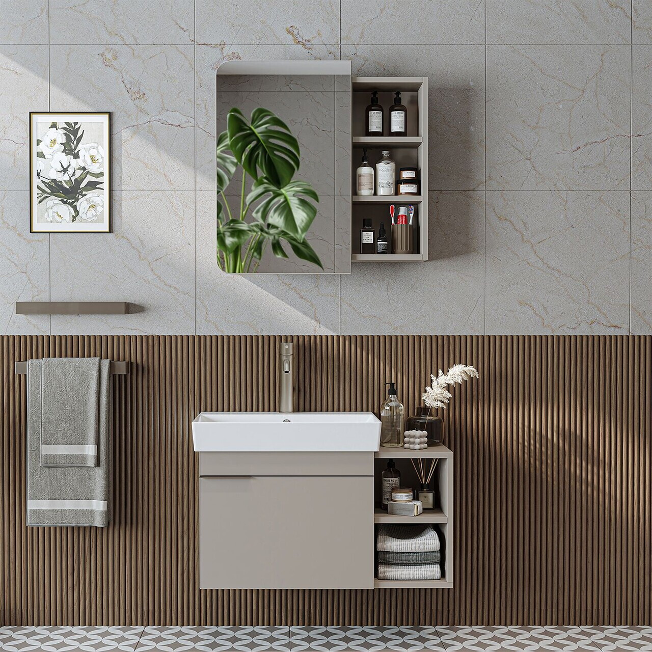Set Dulap de Baie cu Chiuvetă și Oglindă (2 Piese), Hanah Home, 2938, MDF, Gresie — imaginea 3