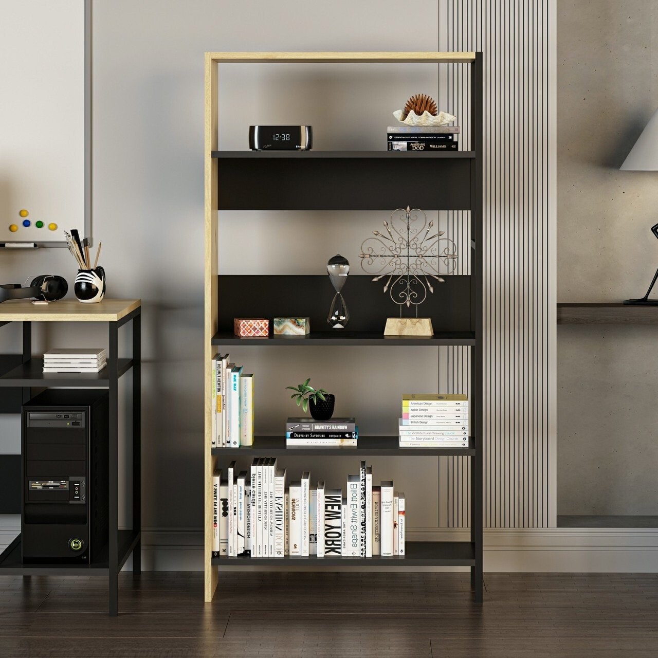 Corp biblioteca, Minerva, Tiran, 90x120x34 cm, PAL, Antracit / Stejar / Negru - 1 | YEO