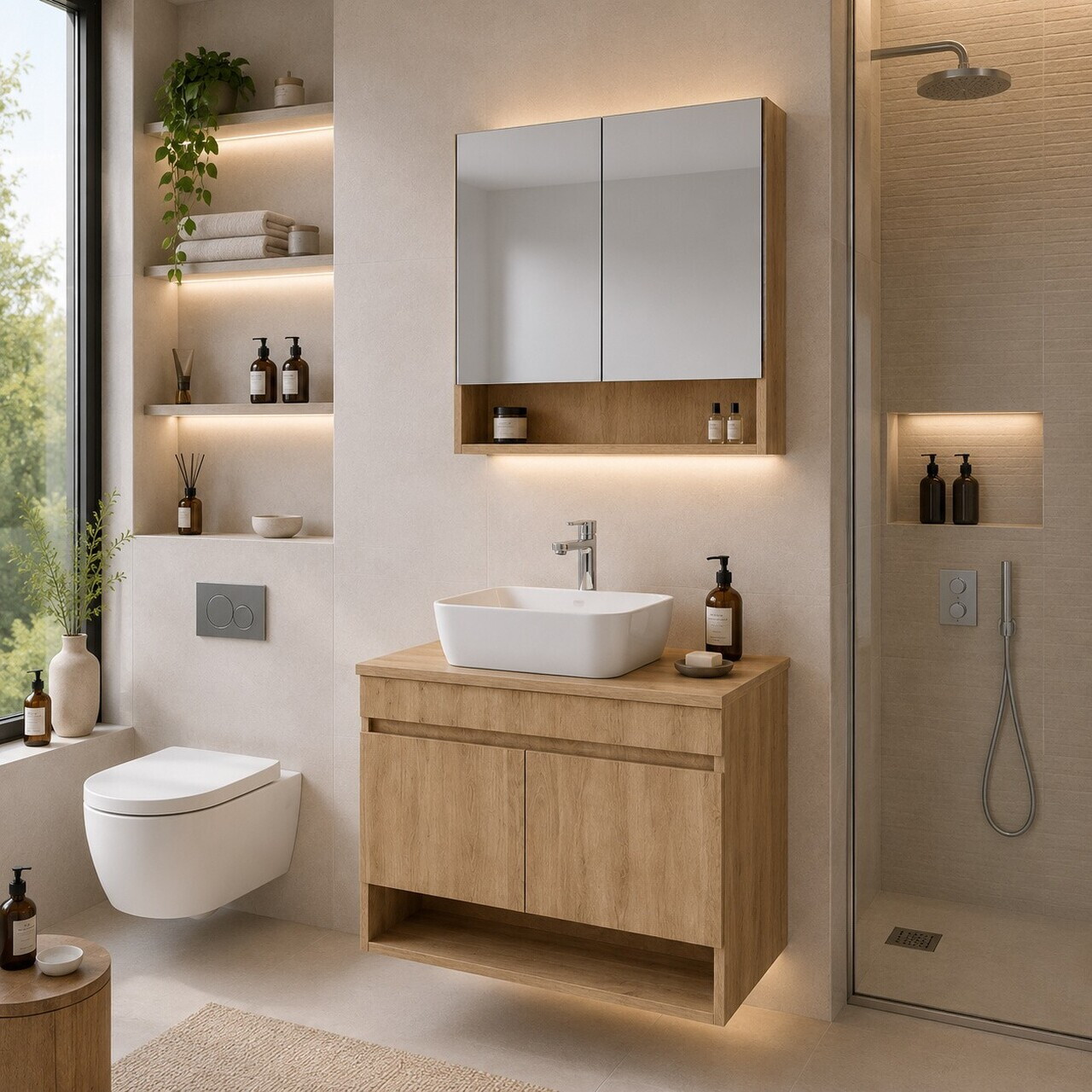 Set Dulap de Baie cu Chiuvetă și Oglindă (2 Piese), Hanah Home, Compacta Bowl 80, Nuc deschis