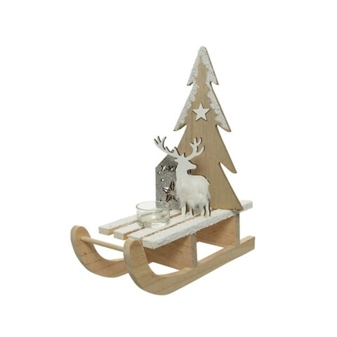 Poza Suport lumanare Sleigh, Decoris, 10.3x27x32, lemn de brad, nature/alb